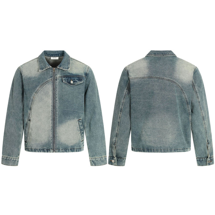 Light wash denim jacket shown from the front and back with zip closure, pointed collar, chest pocket and distressed fading