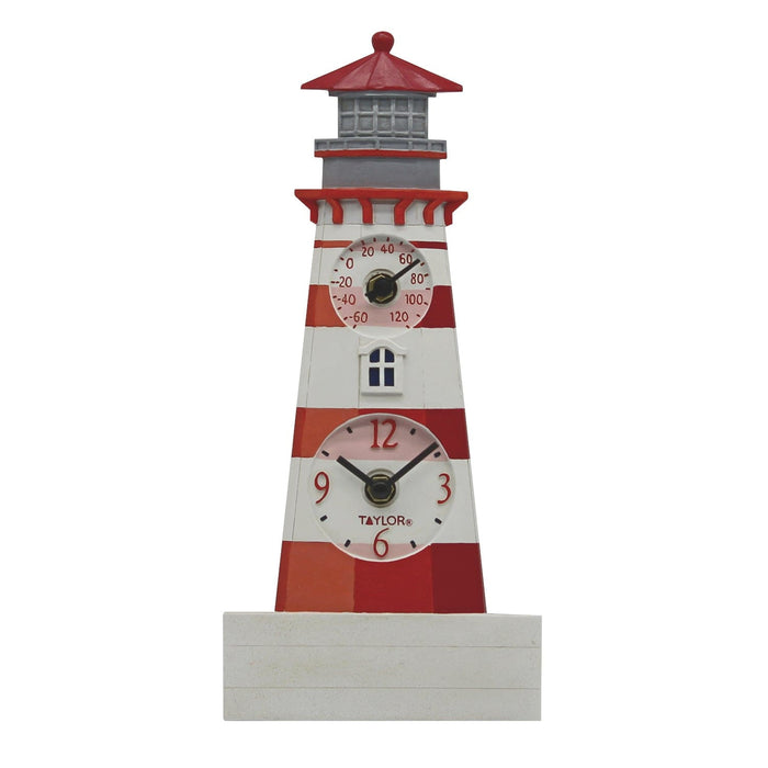 Lighthouse shaped clock with thermometer in a red and white striped tower.
