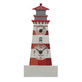 Lighthouse shaped clock with thermometer in a red and white striped tower.