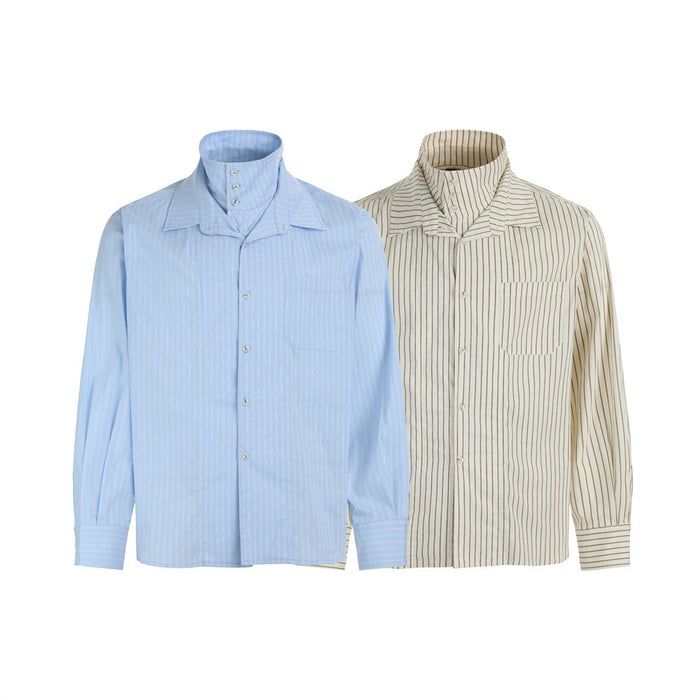 Two long-sleeve striped dress shirts shown from the front in light blue and cream with brown stripes