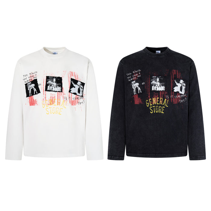 White and black long sleeve graphic T-shirts shown from the front with General Store collage prints
