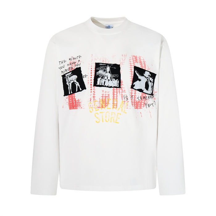 Men's relaxed-fit long sleeve graphic t-shirt with General Store collage print in off-white and acid-washed black