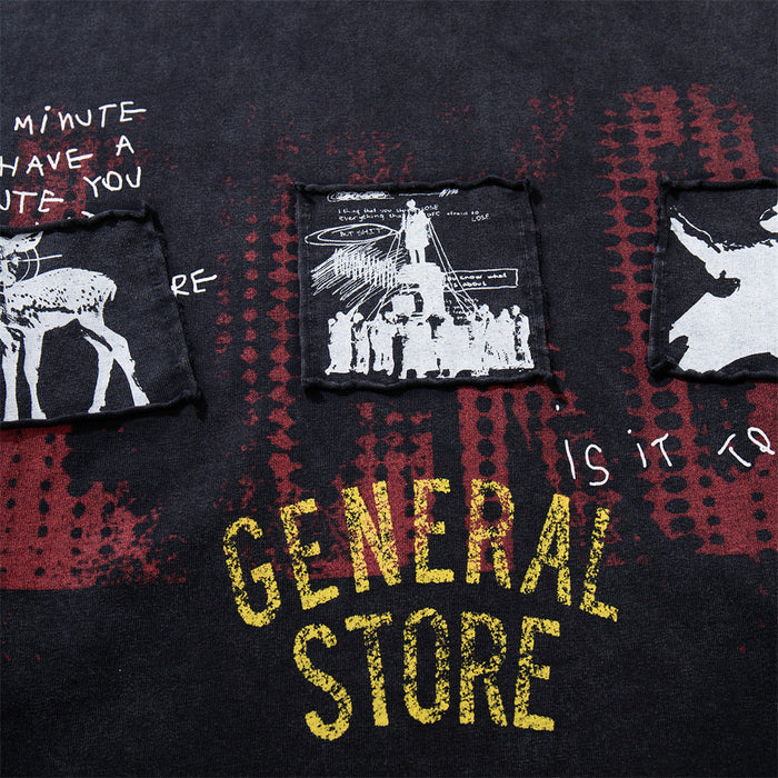Close-up of the black shirt graphic featuring framed monochrome illustrations, red print, and yellow General Store lettering