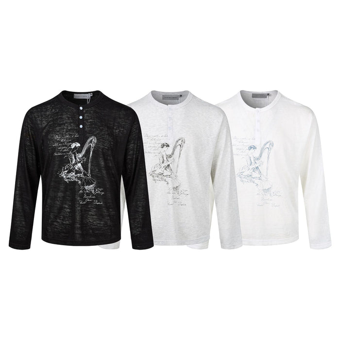 Three long-sleeve henley shirts in black, light gray, and white with harp player graphics, front view