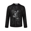 Long sleeve black Henley shirt with vintage harp player graphic print and cursive script on burnout knit fabric
