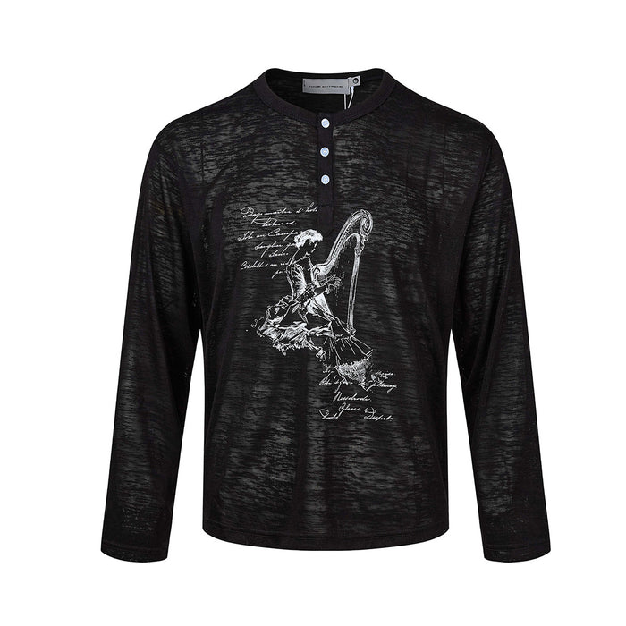 Long sleeve black Henley shirt with vintage harp player graphic print and cursive script on burnout knit fabric