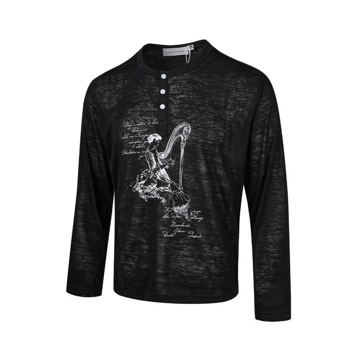 Black long-sleeve henley shirt with a white harp player graphic and three-button placket, front view