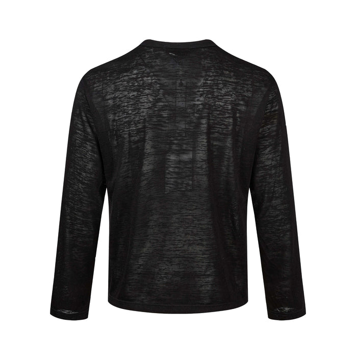 Black long-sleeve henley shirt showing the plain textured back and full sleeves