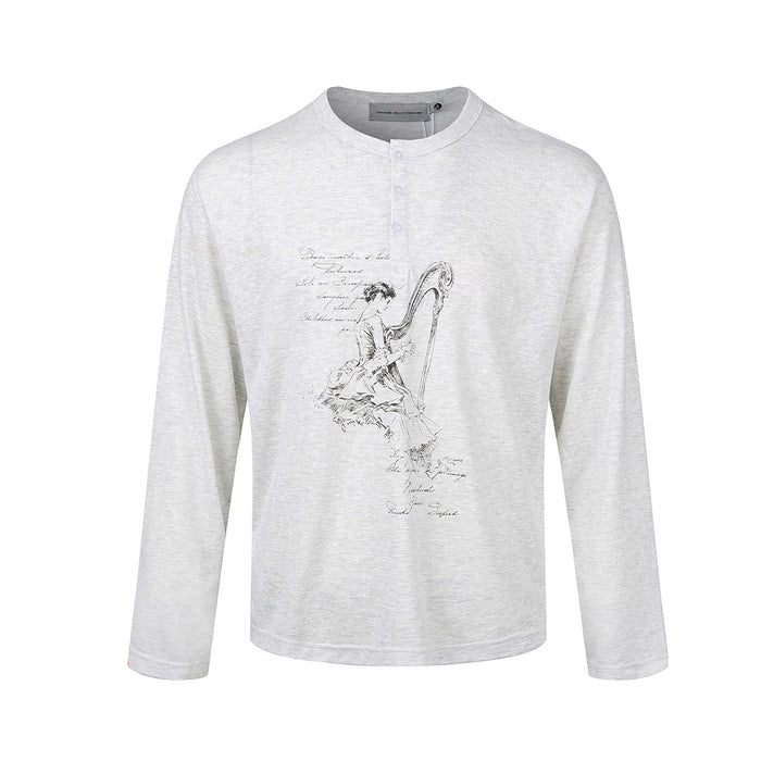Light gray long-sleeve henley shirt with a dark harp player graphic and button placket, front view