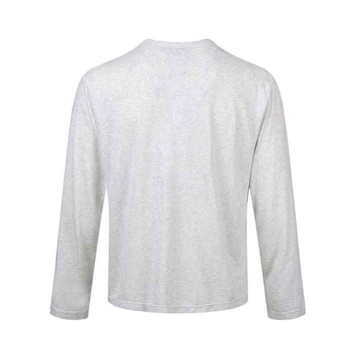 Light gray long-sleeve henley shirt showing the plain textured back and full sleeves