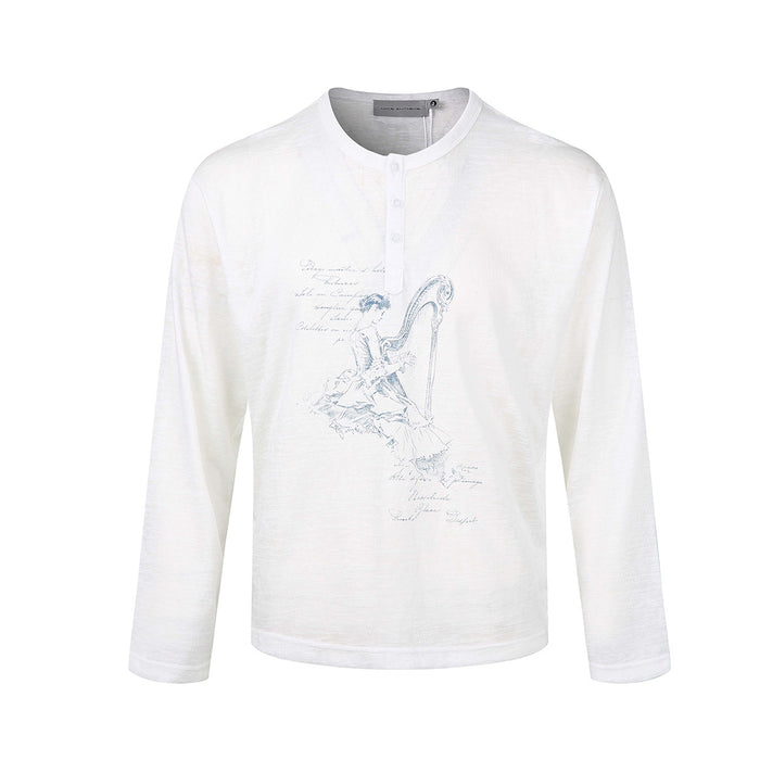 White long-sleeve henley shirt with a pale blue harp player graphic and button placket, front view