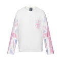 White oversized long-sleeve Henley tee with distressed Union Jack graphic prints on sleeves and chest pocket, front and back