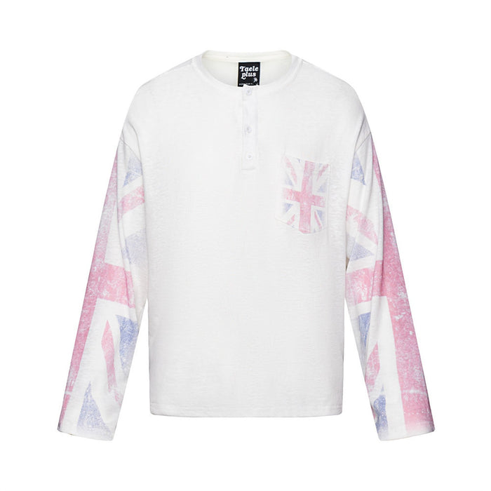 White oversized long-sleeve Henley tee with distressed Union Jack graphic prints on sleeves and chest pocket, front and back