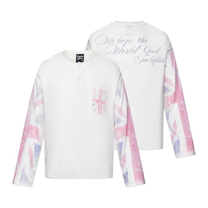 White long sleeve Henley shirt shown front and back with faded pink and blue Union Jack print sleeves