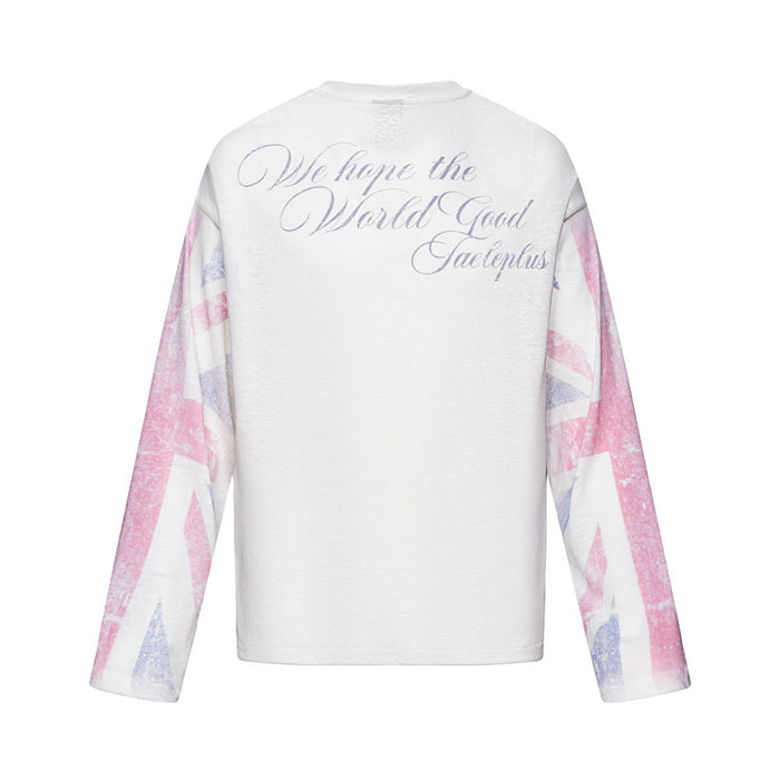 Back view of a white long sleeve Henley shirt with script text and faded Union Jack print sleeves