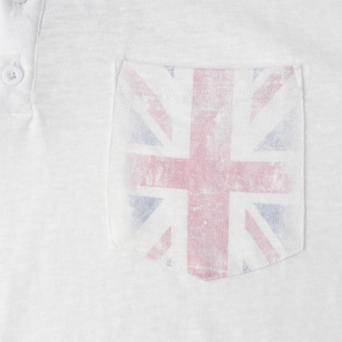 Close-up of the white chest pocket featuring a faded pink and blue Union Jack design