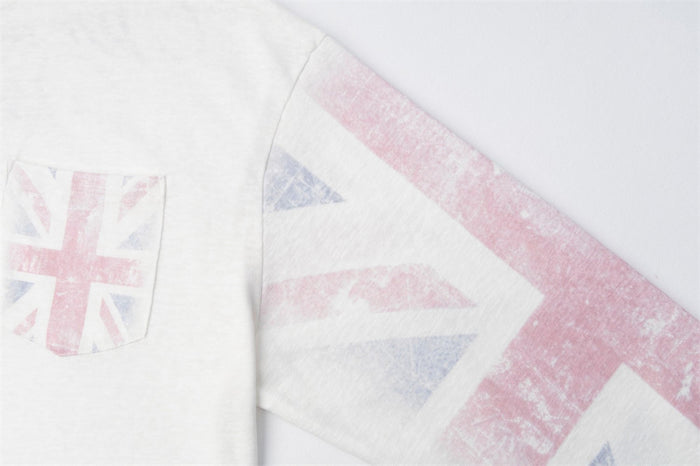 Close-up showing the white chest pocket and matching faded Union Jack sleeve print