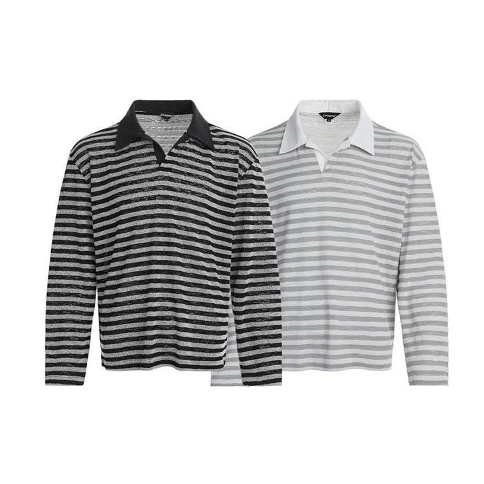 Two long-sleeve striped polo shirts shown from the front in black and gray and light gray with contrasting collars