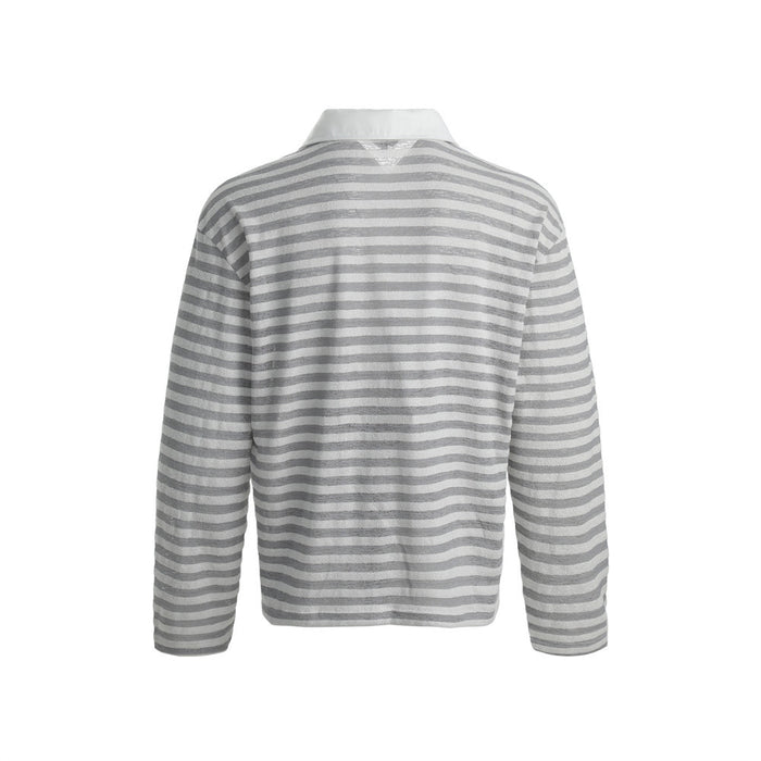 Back view of the light gray long-sleeve polo shirt with horizontal gray stripes and a plain collar