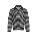 Front view of a black and gray striped long-sleeve polo shirt with a contrasting black rugby collar