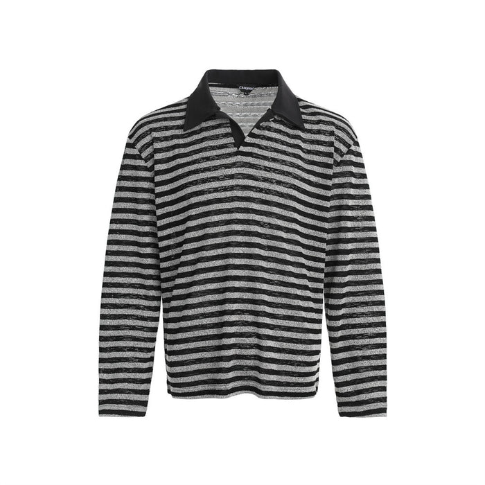 Front view of a black and gray striped long-sleeve polo shirt with a contrasting black rugby collar