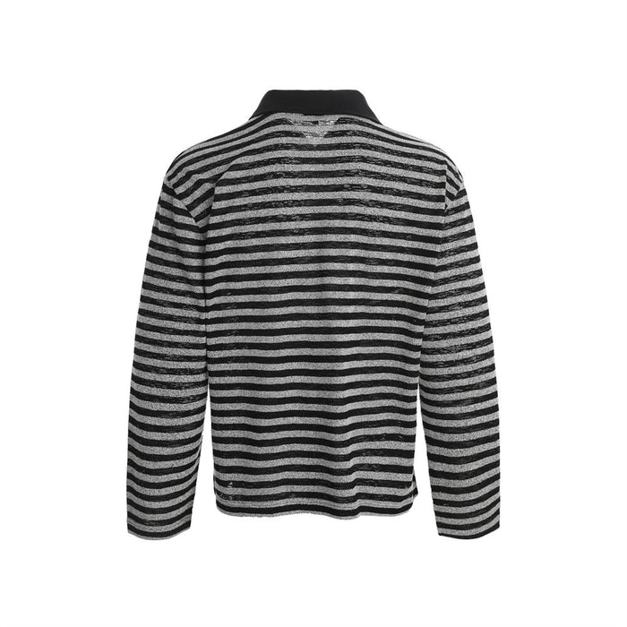 Back view of the black and gray striped long-sleeve polo shirt with horizontal stripes and black collar