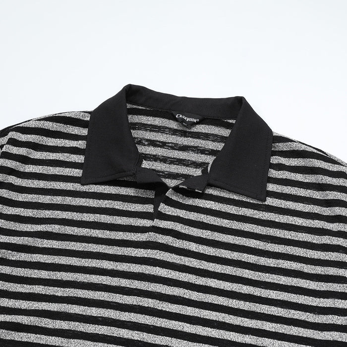 Close-up of the black rugby collar, V-neck opening, and horizontal black and gray striped fabric