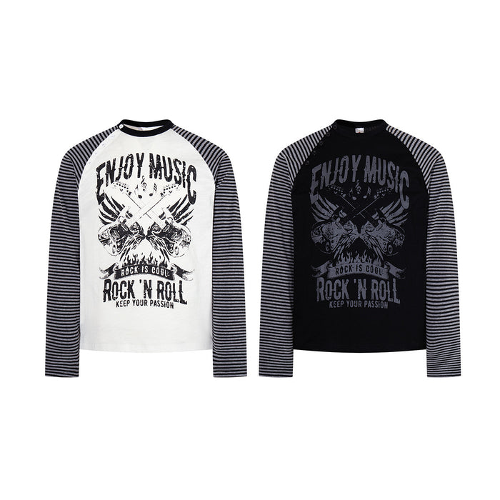 Front view of white and black raglan shirts with black-and-white striped sleeves and rock music graphics