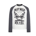 Long sleeve raglan shirt with black and grey striped sleeves and Rock 'N Roll graphic print on white and black body options