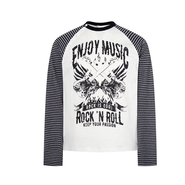 Long sleeve raglan shirt with black and grey striped sleeves and Rock 'N Roll graphic print on white and black body options