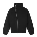 Men's black oversized high-collar knit jacket with asymmetric diagonal silver zip, front and back view