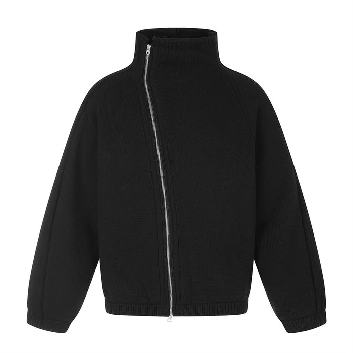 Men's black oversized high-collar knit jacket with asymmetric diagonal silver zip, front and back view
