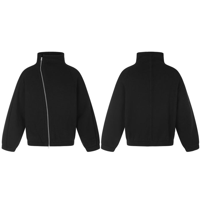 Black high-collar knit jacket shown from the front and back, with an asymmetric diagonal front zipper