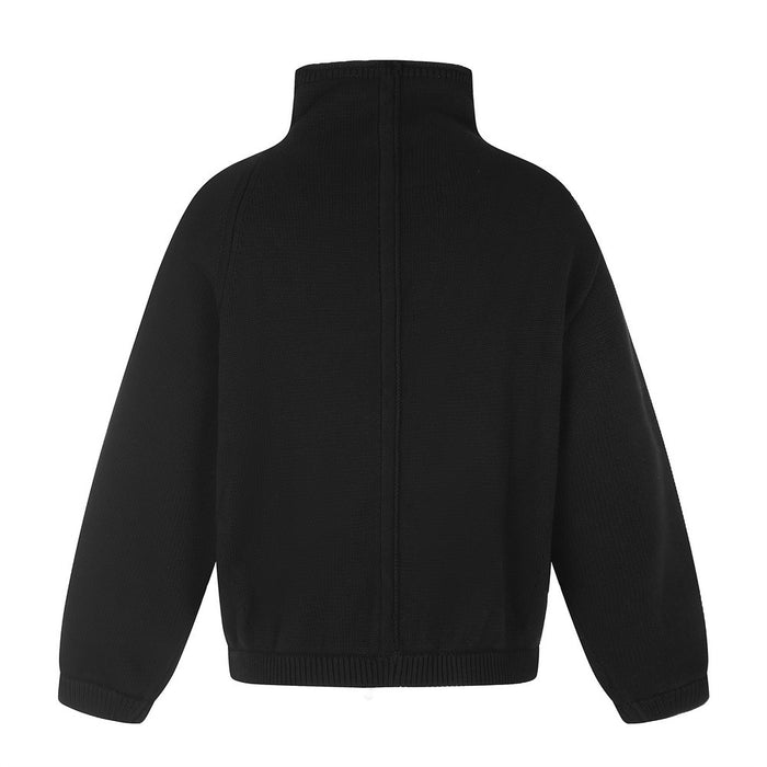 Back view of a black high-collar knit jacket with long sleeves, ribbed hem, and central seam