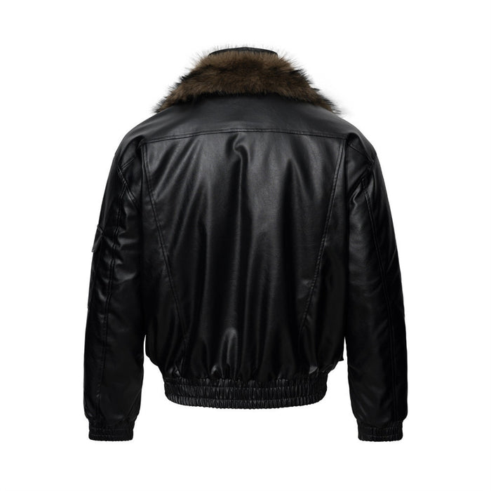Men's Black PU Leather Bomber Jacket with Faux Fur Collar & Large Cargo Pockets