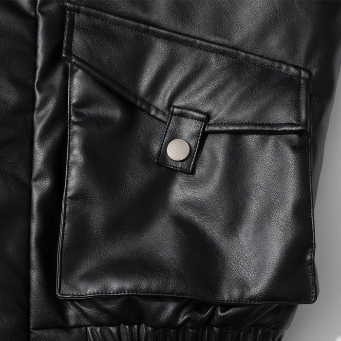 Men's Black PU Leather Bomber Jacket with Faux Fur Collar & Large Cargo Pockets