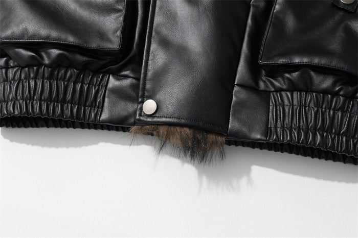 Men's Black PU Leather Bomber Jacket with Faux Fur Collar & Large Cargo Pockets