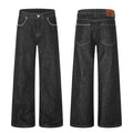 Men's black wide-leg raw denim jeans with embroidered pockets and contrast stitching, front and back view