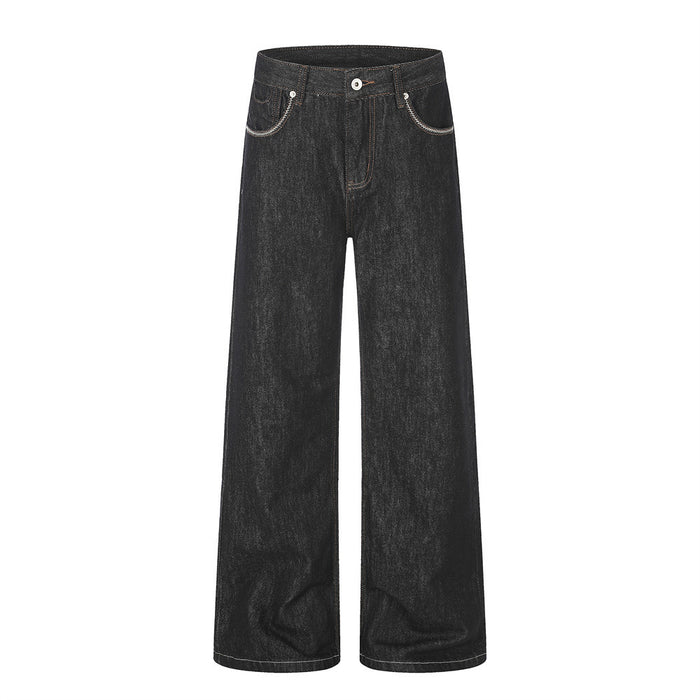 Front view of black wide-leg denim jeans with curved white-trimmed pockets and a button fly