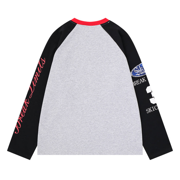Reverse view of gray raglan tee with black sleeves, red collar, and text graphics on the sleeves