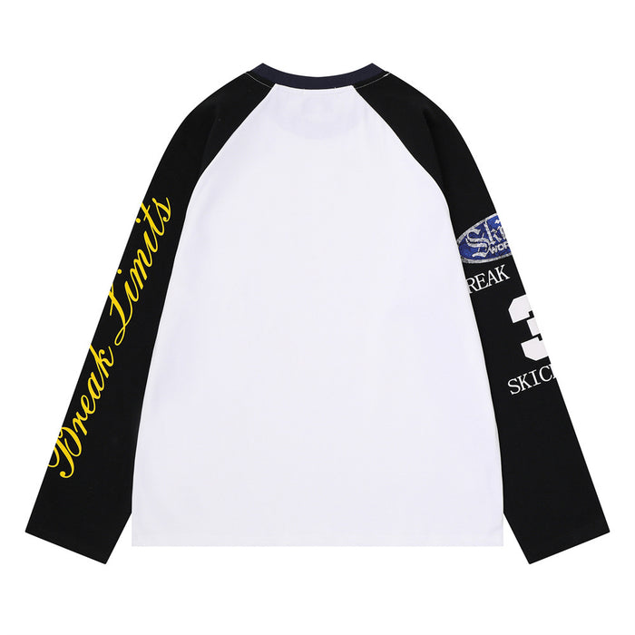 Reverse view of white raglan tee with black sleeves, dark collar, and yellow script sleeve graphic