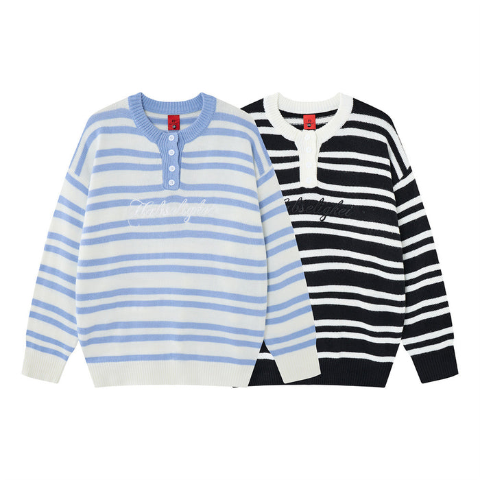 Blue and black striped knit henley sweaters shown together from the front with button plackets and ribbed trims