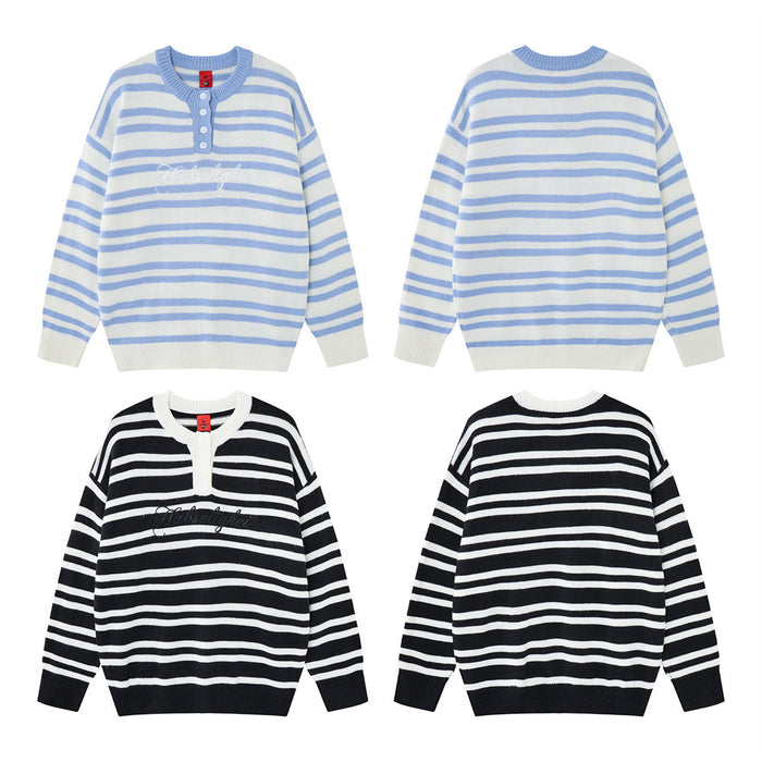 Front and back views of blue and black striped knit henley sweaters arranged in a product layout