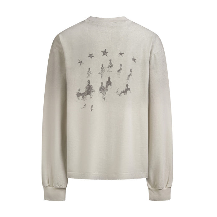 Off-white long-sleeve shirt back with a distressed gray stars-and-figures graphic