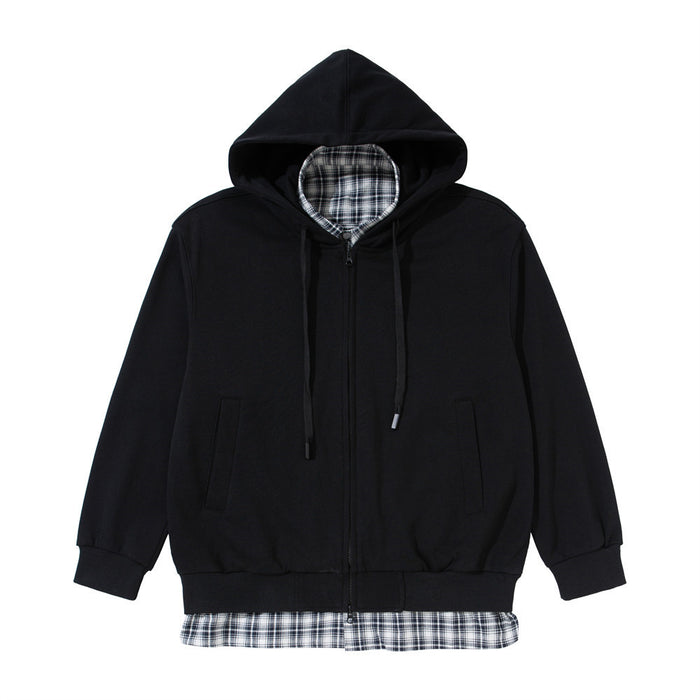 Men's oversized full zip hoodie with faux layered plaid shirt insert in black, shown open and closed