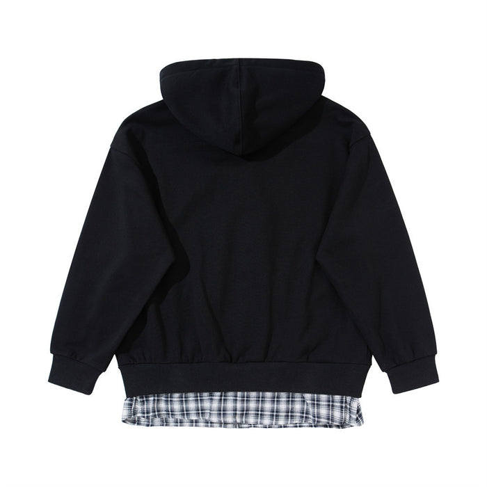Men's Full Zip Hoodie with Faux Layered Plaid Shirt Insert, Oversized Streetwear
