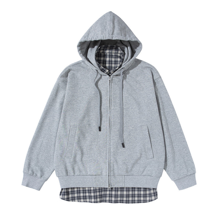 Men's Full Zip Hoodie with Faux Layered Plaid Shirt Insert, Oversized Streetwear