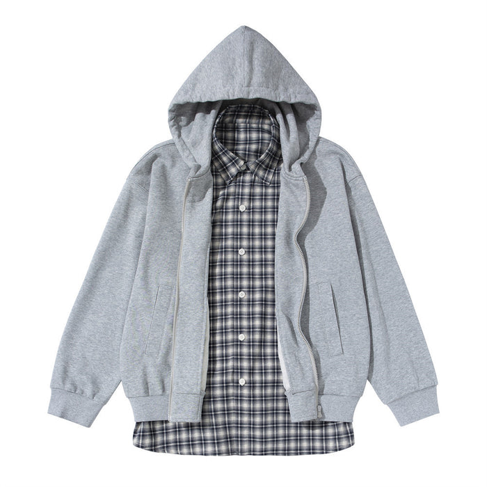 Men's Full Zip Hoodie with Faux Layered Plaid Shirt Insert, Oversized Streetwear
