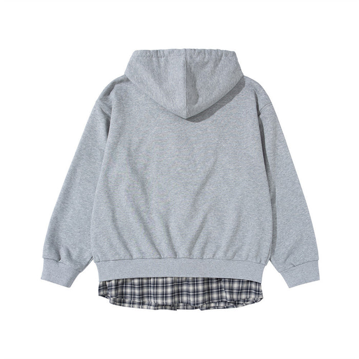 Men's Full Zip Hoodie with Faux Layered Plaid Shirt Insert, Oversized Streetwear