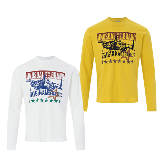 White and yellow long-sleeve crew-neck shirts with colorful fighter jet graphic prints shown front-facing